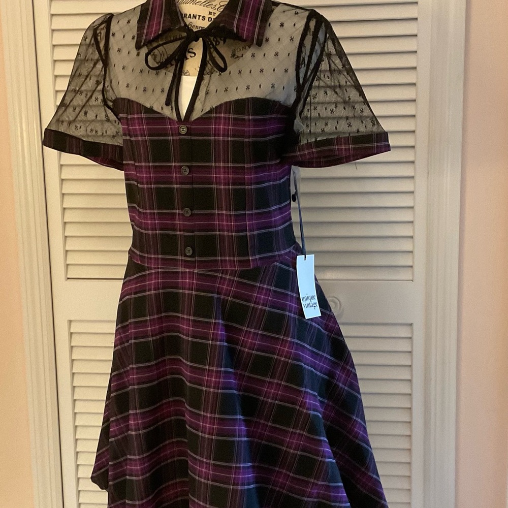 Unique Vintage Purple and Black A-Line Midi Dress